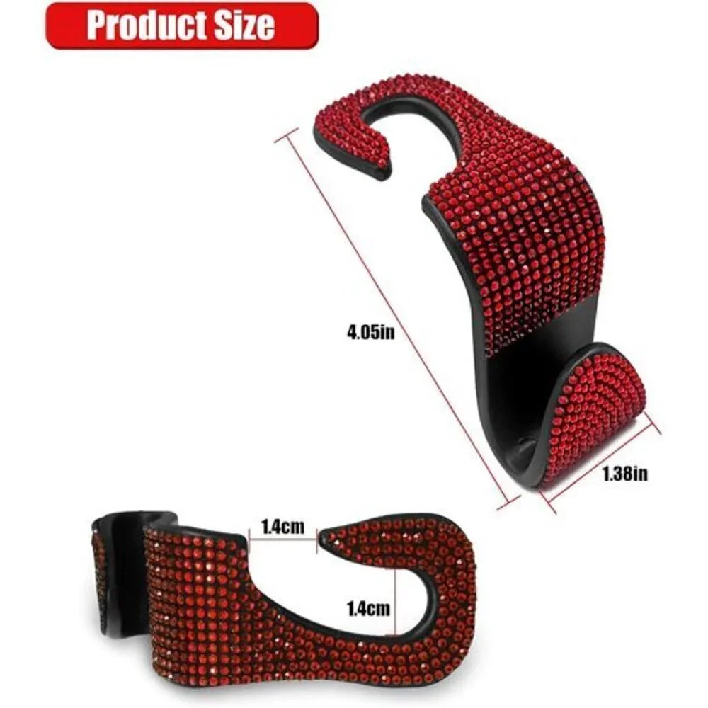 Bling Car Seat Hooks Red (2 Pack) Bling Rhinestones Crystal Hanger Organizer